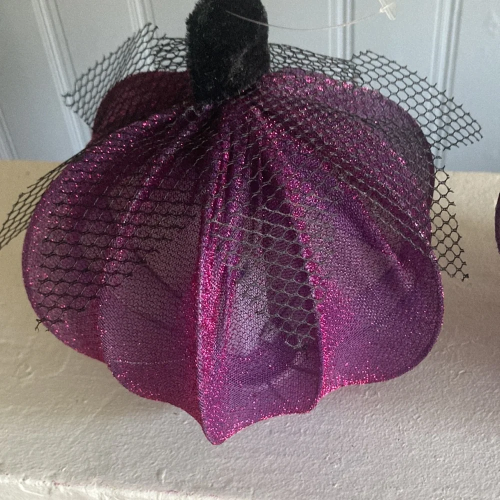 NWT- 2- Elegant Purple Lace Covered Light Up LED Halloween Pumpkin Decorations
